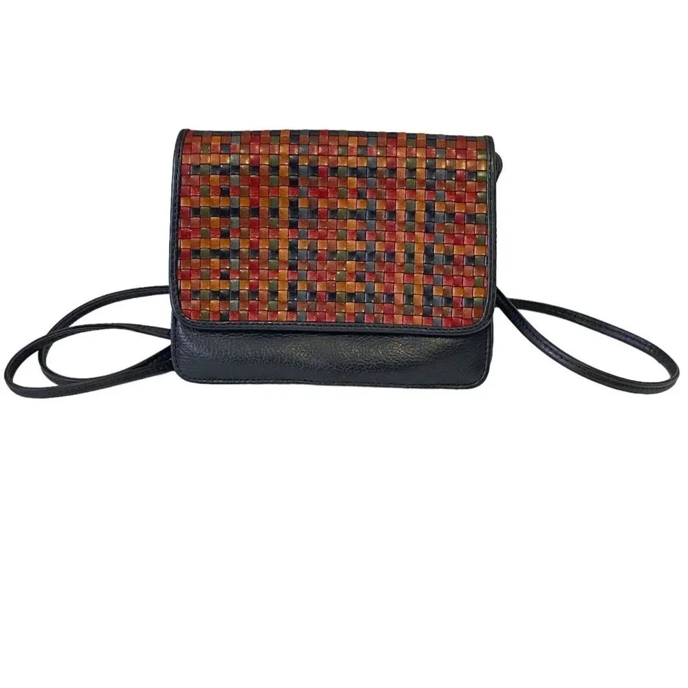 Vera Pelle Weave Woven Genuine Leather Crossbody Bag Multicolor Magnetic Flap - Picture 1 of 15